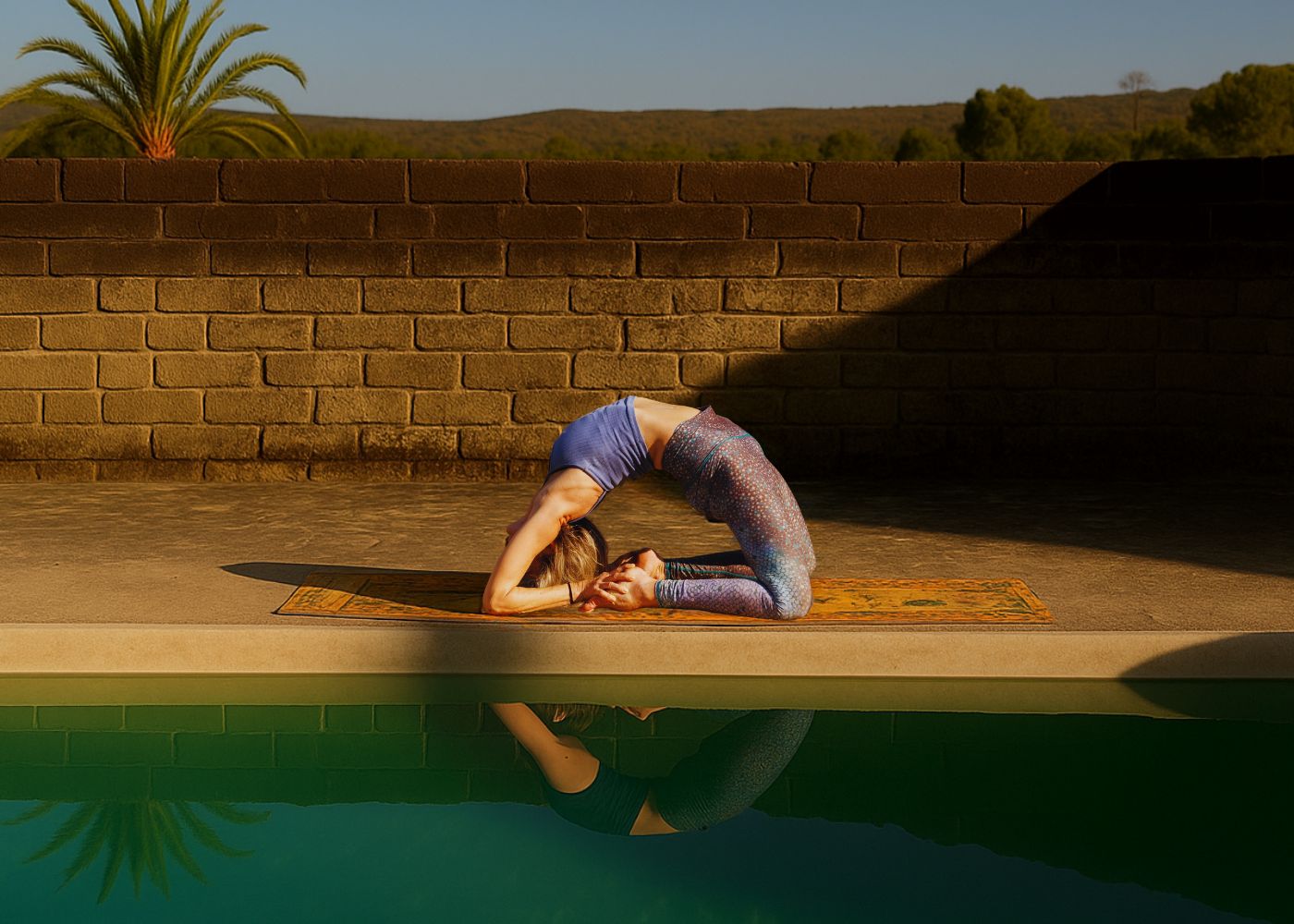Francesca d’Errico in una posizione di Ashtanga Yoga all’indietro, su un tappetino a bordo piscina, davanti a un muro di mattoni